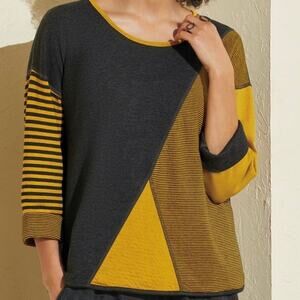 Iridium Art to Wear Lagenlook Plus Size 1X 100% Pima Cotton Gray Yellow Shirt